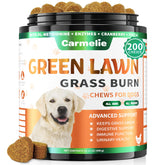 Carmelie Grass Burn Spot Chews bottle on counter promotes lawn-friendly urine management