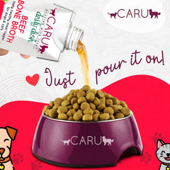 Caru Daily Dish beef bone broth topper shown with dog bowl and moist kibble