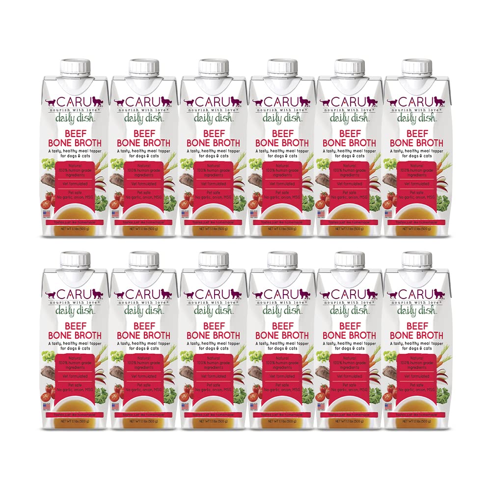 Caru Daily Dish beef bone broth topper pour bottle adds flavor and hydration for pets