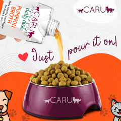 Caru Daily Dish broth poured over kibble demonstrates enhanced flavor at mealtime.