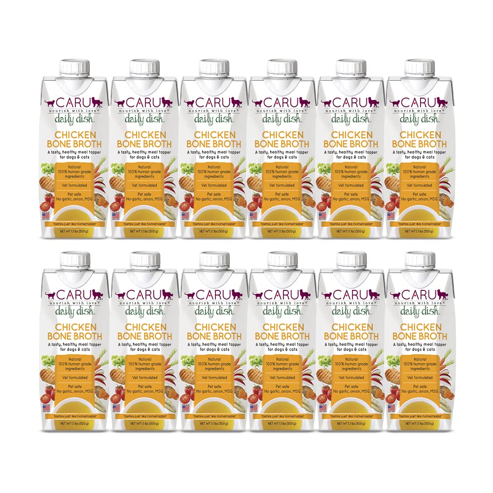 Caru Daily Dish bone broth bottle pour enhances flavor and hydration for pets