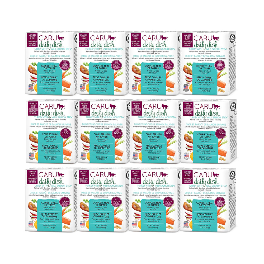 Caru Daily Dish turkey-wild-salmon-stew 12-pack cans provide convenient, ready-to-serve meals.
