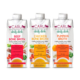 Caru Daily Dish variety-pack box showcases all-natural broth for pets, enhancing meals with flavor and hydration.