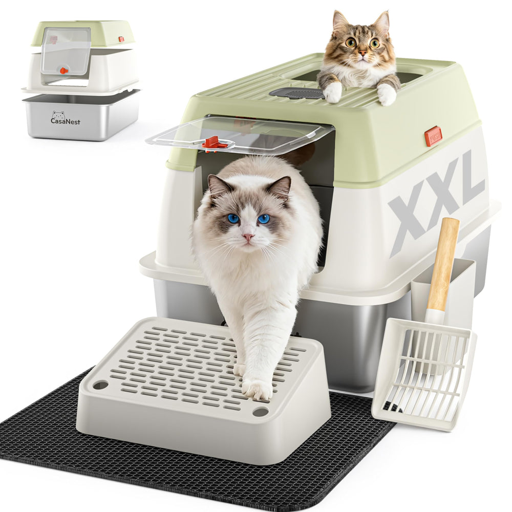 CasaNest stainless-steel cat litter box with closed top for privacy and odor control.