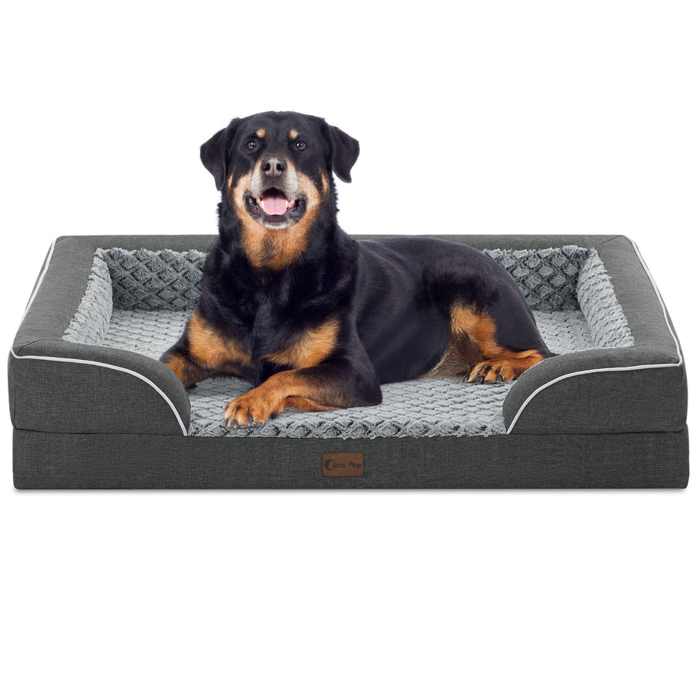 Casa Paw orthopedic XL dog bed front view shows plush bolster and ample space for large dogs.