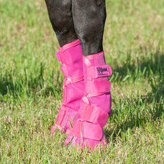 Cashel Crusader pink fly boot on horse demonstrates adjustable hook-and-loop closures for secure fit.