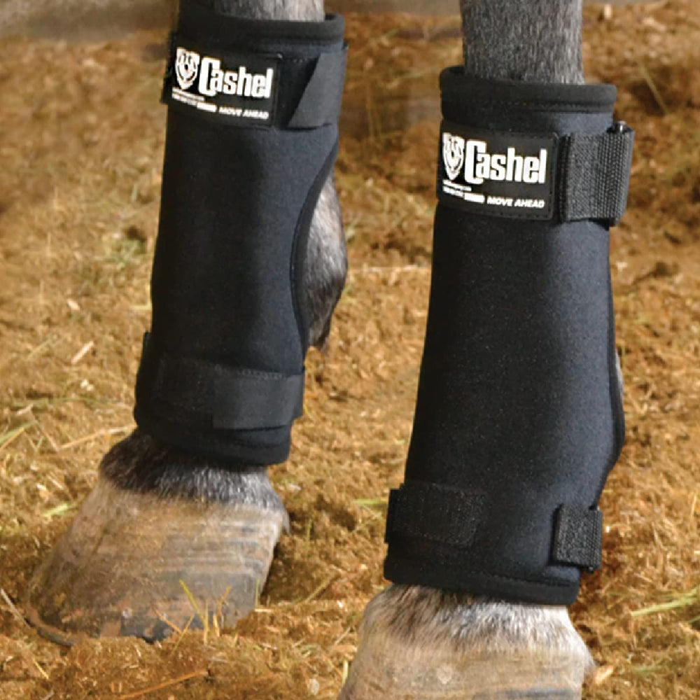 Cashel Stall Sore Boots front view shows open back for comfort and foreleg protection.