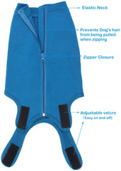 Caslfuca dog suit serves as a non-restrictive alternative to cones during recovery