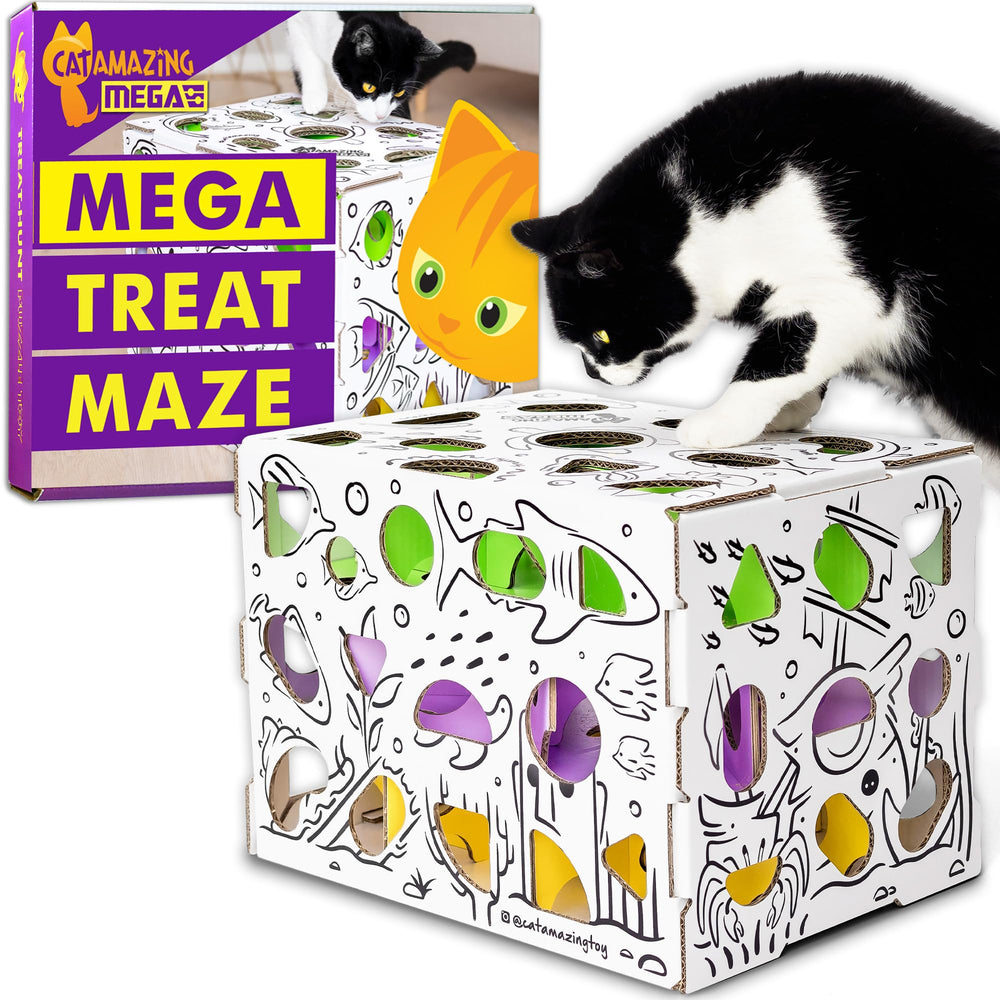 Cat Amazing MEGA box open shows enrichment play with treats.