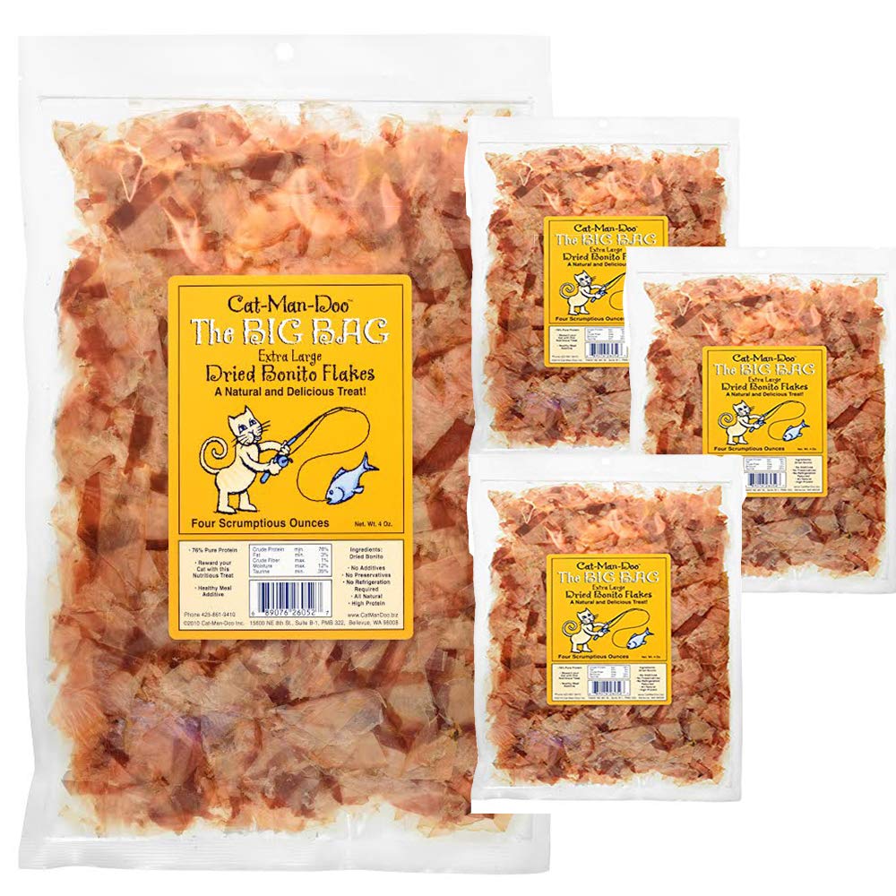 Cat-Man-Doo Bonito Flakes pack front showcases pantry-ready four-pack for savory treats.