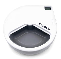 Cat Mate C300 automatic feeder closeup highlighting three meal compartments.