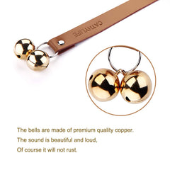 CATHYLIFE brown leather dog doorbell closeup highlights premium copper bell.