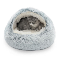 CATISM Cozy Plush Hooded Cat Bed front view with warm private nest