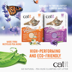 Catit Go Natural pea husk litter demonstrates 99% dust-free formula reducing airborne particles