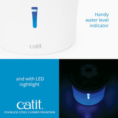 Catit stainless steel flower fountain pump-closeup, quiet energy-efficient operation.