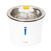 Catit stainless steel flower fountain top-view, compact hygienic design delivering clean water.