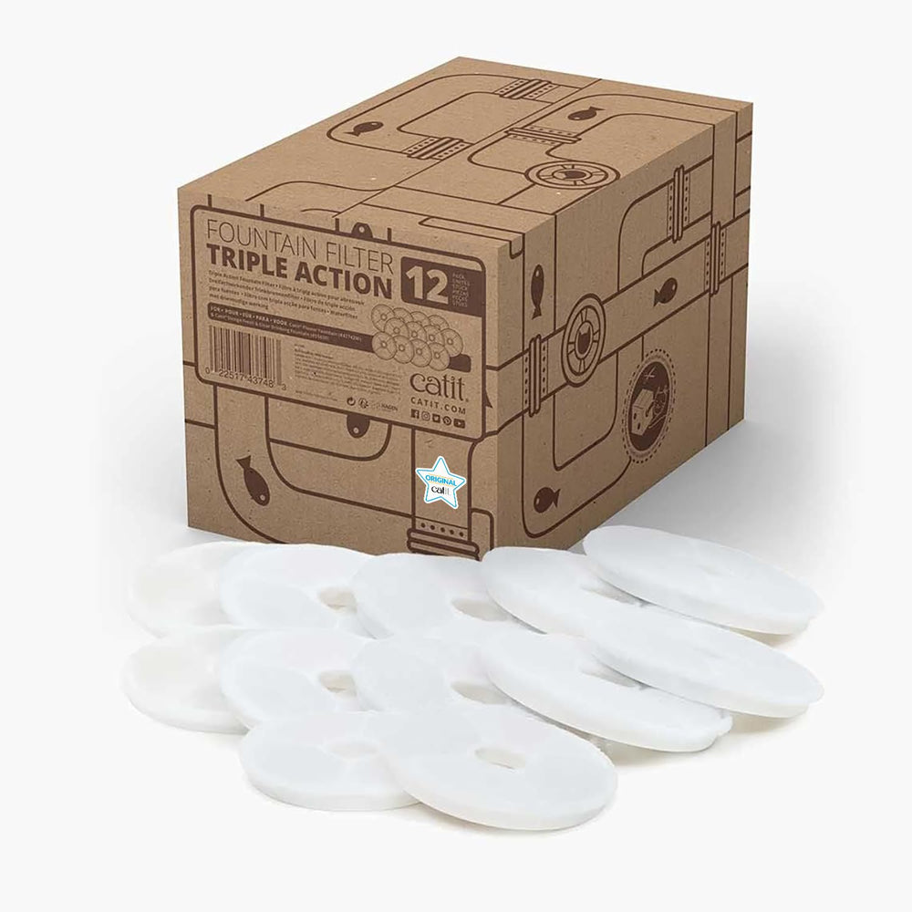 Catit triple-action fountain filter close-up highlighting its 12-pack for clean drinking water