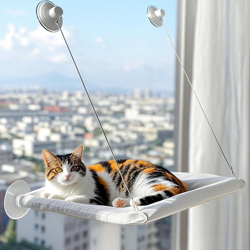 Cats Window Perch shows strong suction cups for secure glass mounting and calm naps.
