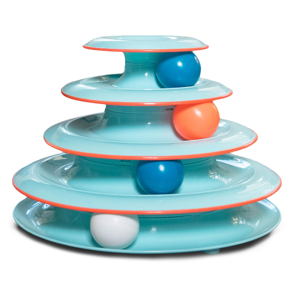 Catstages Chase Meowtain 4-Tier Tower with four rolling balls promotes active indoor play