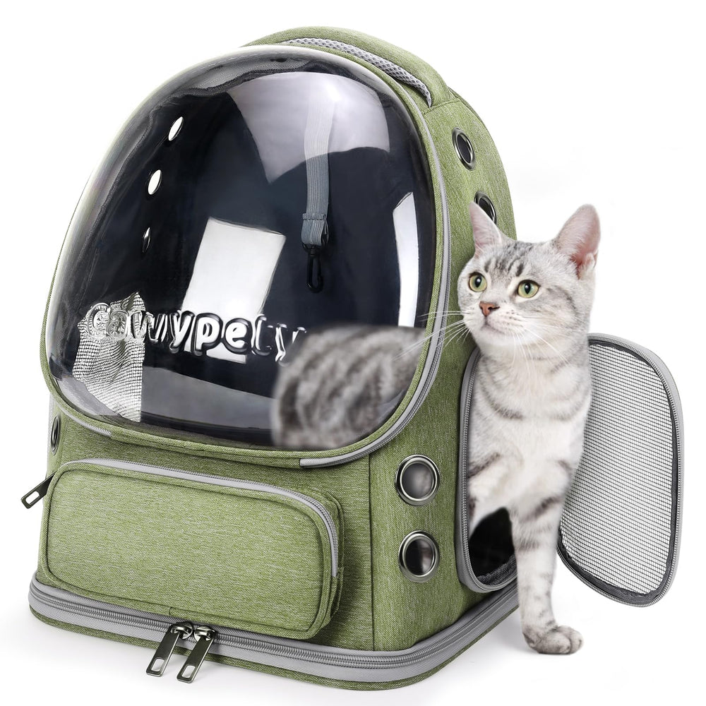 Cawypety cat backpack shows front bubble window for sun-friendly viewing.
