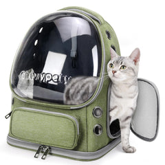 Cawypety cat backpack shows front bubble window for sun-friendly viewing.
