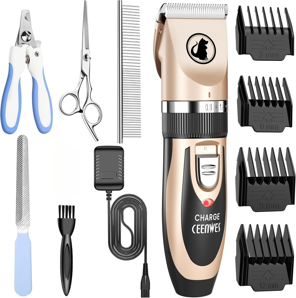Ceenwes dog clippers package shot shows complete home grooming kit for easy pet trims.