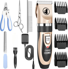 Ceenwes dog clippers package shot shows complete home grooming kit for easy pet trims.