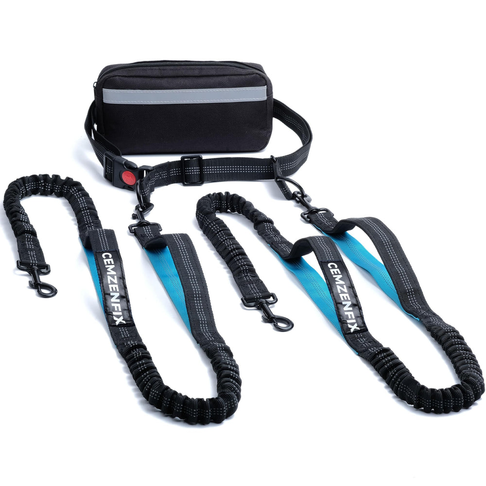 Cemzenfix hands-free two-dog leash featuring dual bungee for smooth, tangle-free walks.