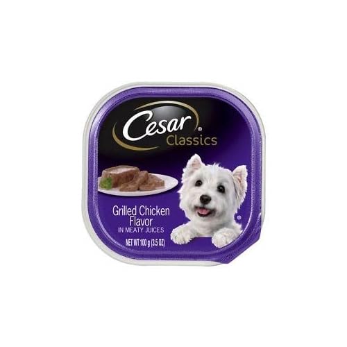 Cesar Canine Cuisine Grilled Chicken Dinner image shows easy feeding for small dogs with grilled chicken in sauce.