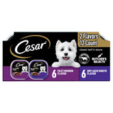 Cesar Wet Dog Food Classic Loaf in Sauce tray shows easy-peel seal for quick, mess-free serving.