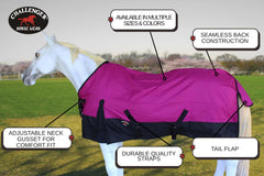 CHALLENGER turnout blanket leg straps demonstrate secure fit during movement.