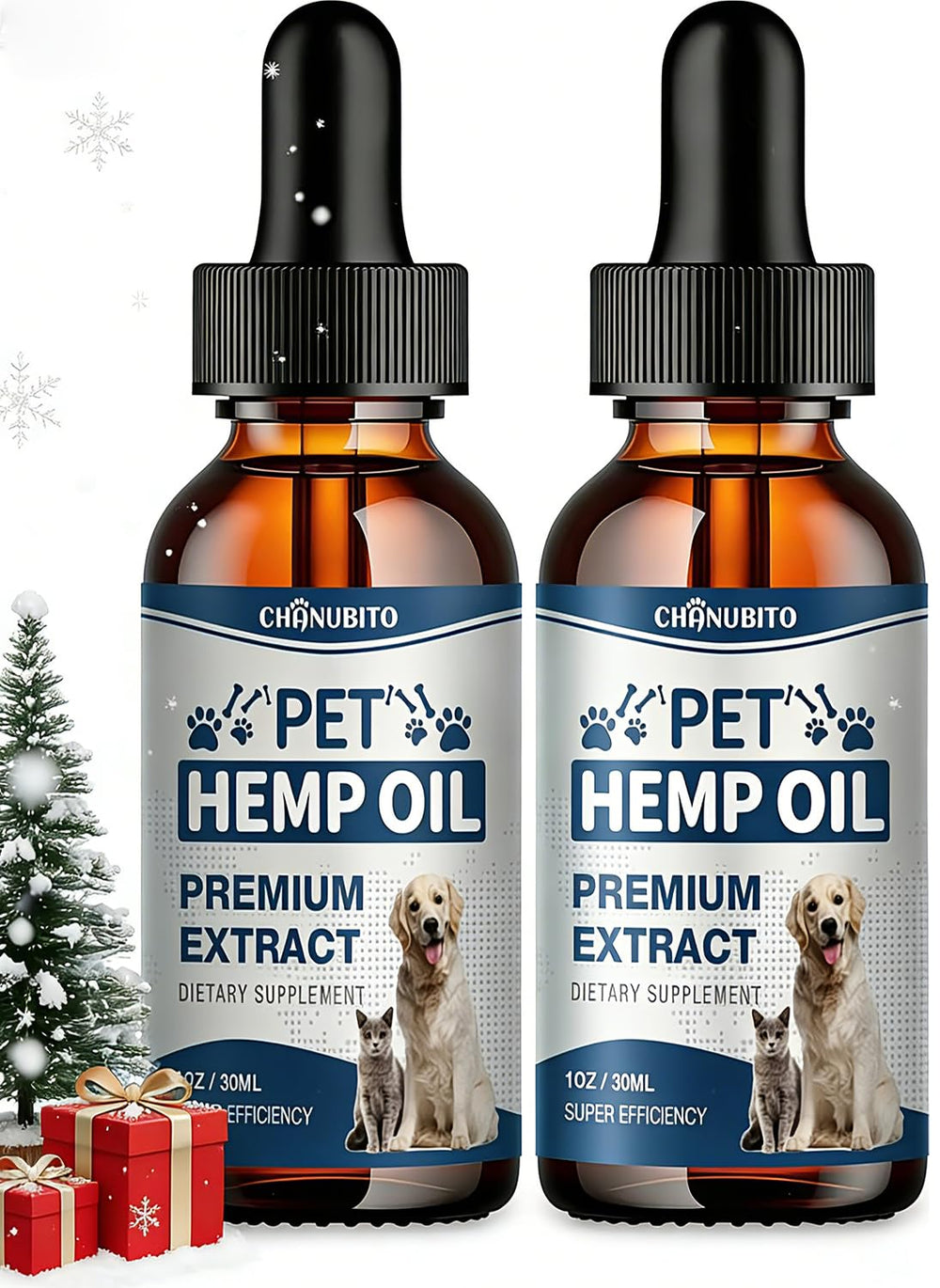 CHANUBITO Pets Hemp Oil bottle with dropper offering natural calming support.
