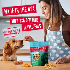 Charlee Bear Original Crunch Cheese & Egg dog chewing shot showcases satisfying crunch and flavor.