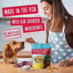 Charlee Bear Original Crunch liver treats serving-size cup explains 3 calories per treat for gentle reinforcement.