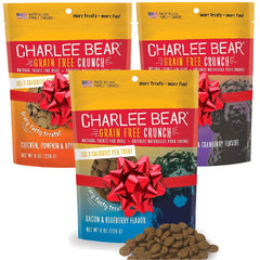 Charlee Bear training treats bag open shows pocket-friendly, low-calorie rewards.
