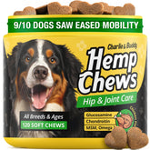 CHARLIE & BUDDY hemp hip joint chews bottle for improved dog mobility and comfort.