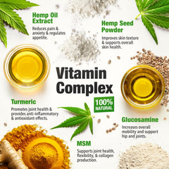 CHARLIE & BUDDY hemp hip joint chews ingredients panel highlights glucosamine, chondroitin, MSM.