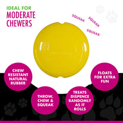 Chase 'n Chomp Field Disk Toy treat-dispensing action encourages puzzle-like enrichment.
