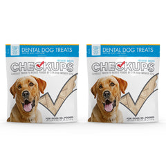 Checkups Dental Dog Treats packaging labeled 24 treats for convenient daily oral care.