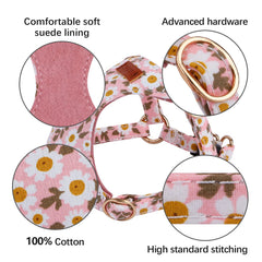 Chede No Pull floral pattern harness adjustable-strap worn during walks for secure fit.