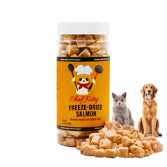 Chef Kitty salmón trocitos liofilizados para mascotas con sabor natural.
