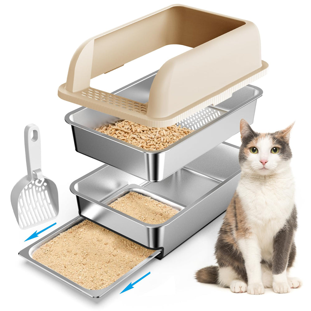 CHENOVE stainless steel litter box with drawer enables easy waste disposal and dust control.