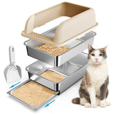 CHENOVE stainless steel litter box with drawer enables easy waste disposal and dust control.