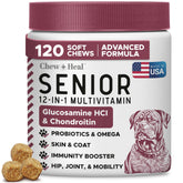 Chew + Heal Labs 12in1 senior dog soft chews packaging highlights a convenient daily mobility routine.
