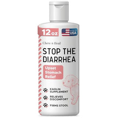 Chew + Heal Labs anti-diarrhea liquid bottle closeup for gentle canine gut support.