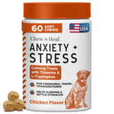 Chew + Heal Labs Calming Chews packaging with 60 treats for dog stress relief during events