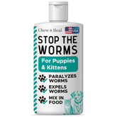 Chew + Heal Labs dewormer liquid bottle ready for roundworm support.