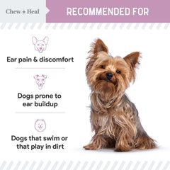 Chew + Heal Labs dog ear cleaner application massage emphasizes soothe during cleansing.