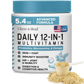 Chew + Heal Labs dog multivitamin tub closeup supports overall wellness.