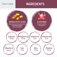 Chew + Heal Labs glucosamine-hcl formula for dogs emphasizes joint support and smoother movement.